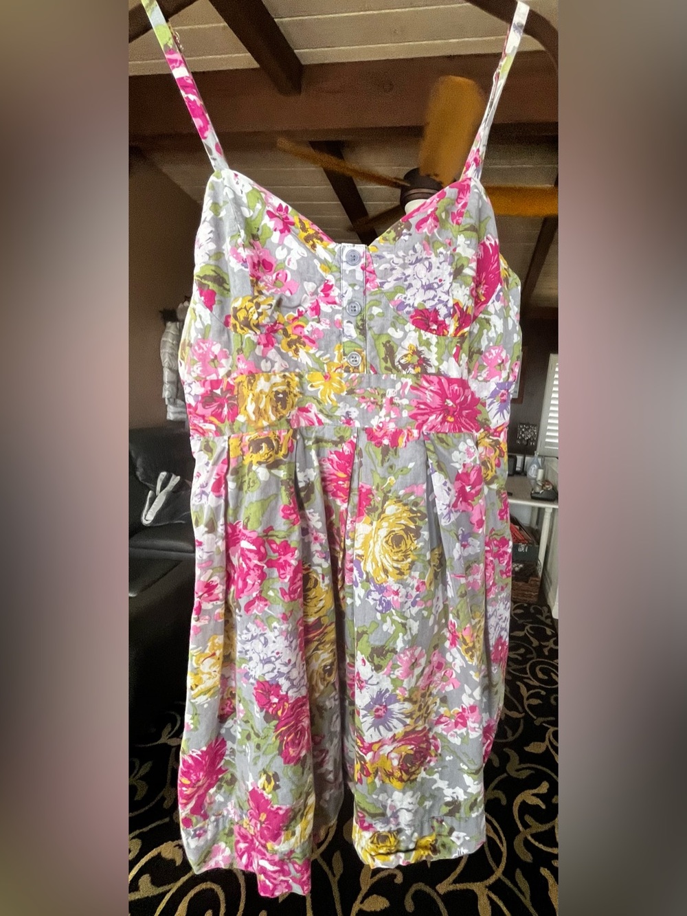 Twenty One Floral Button-Front Mini Boho Dress in Gray, Pink & Yellow Medium